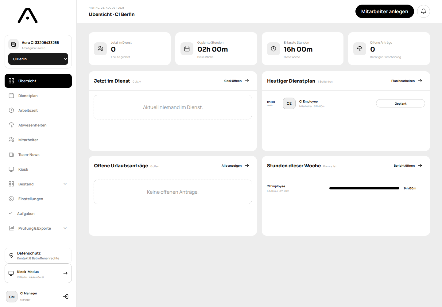 AORA Manager-Dashboard mit Team und operativen Aufgaben